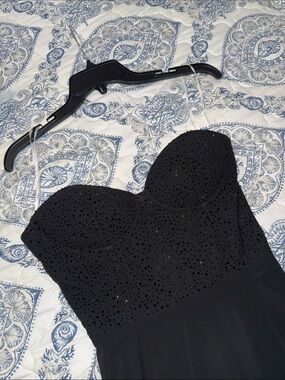 Lulu's Black Strapless Prom Dress with Rhinestone Bodice